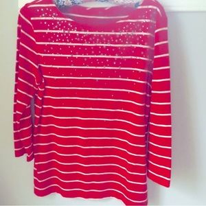 3/$20 Talbots red & white striped 3/4 sleeve top w/ embellishments.